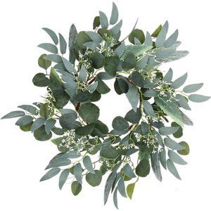 Artificial Green Eucalyptus Wreath,15 inches with Clusters of White Flowers